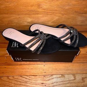 Black, silver crystal INC flat sandals